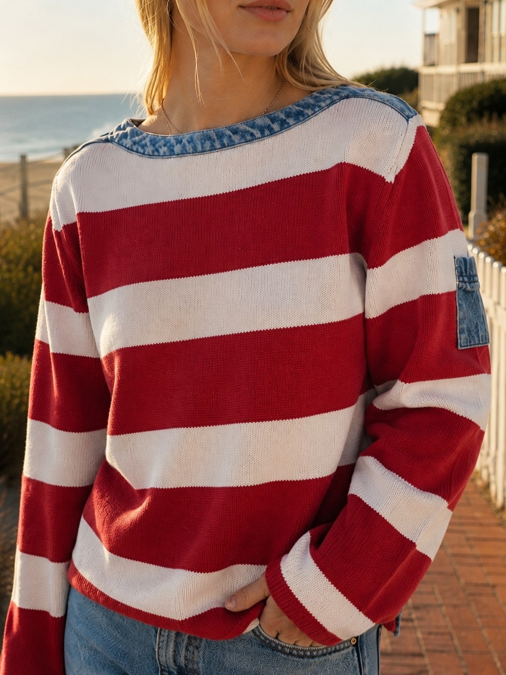 Vintage Crazy Horse Petite L Red White Striped Knit Sweater Denim Trim Cotton